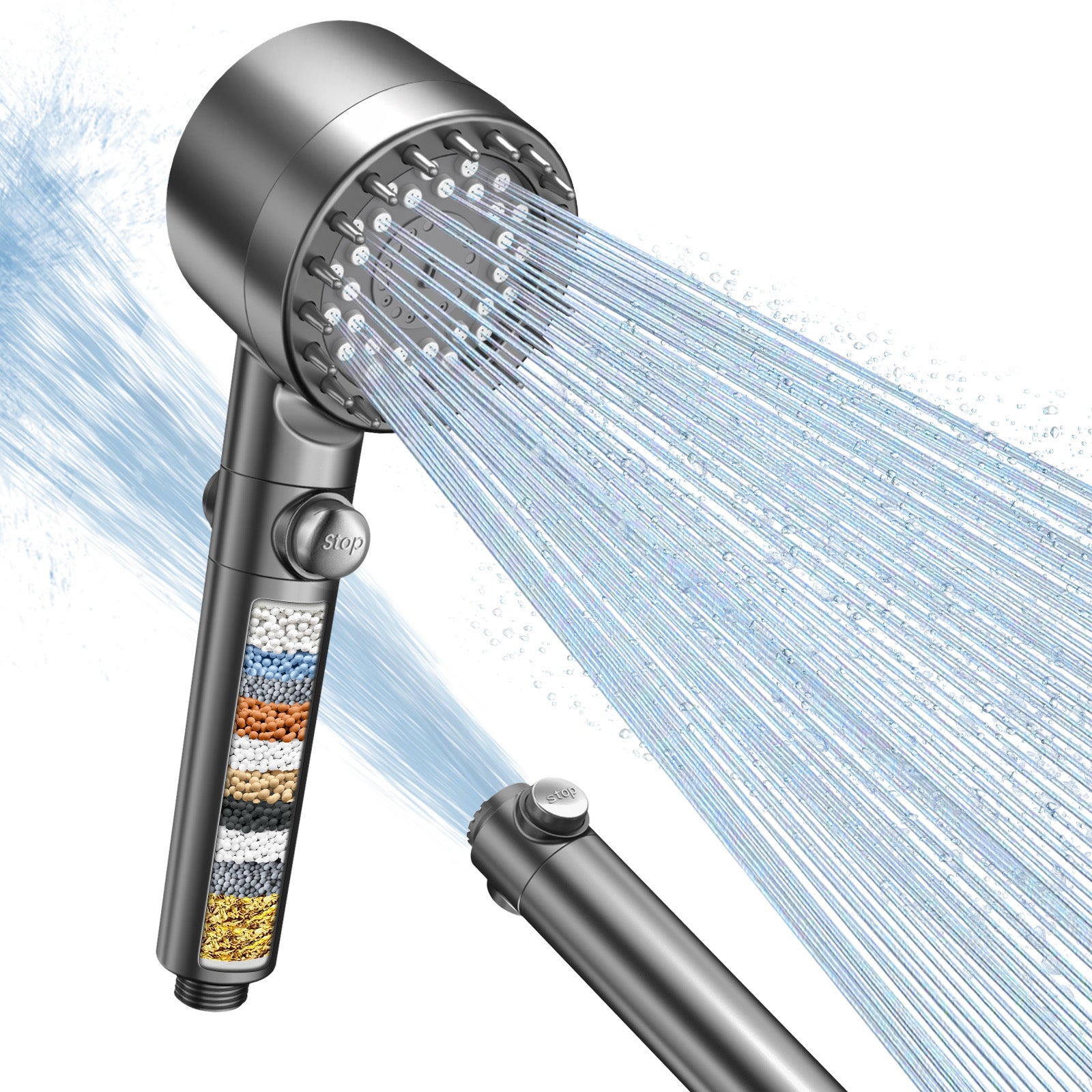 FEELSO Duschkopf mit 15-Schichte Filter, 4 Strahlarten Hochdruck Wassersparender Duschbrause mit stoppfunktion, Handbrause mit Anti-Verstopfungsdüsen für Entfernen vom Rest-Chlor, harten Wasser