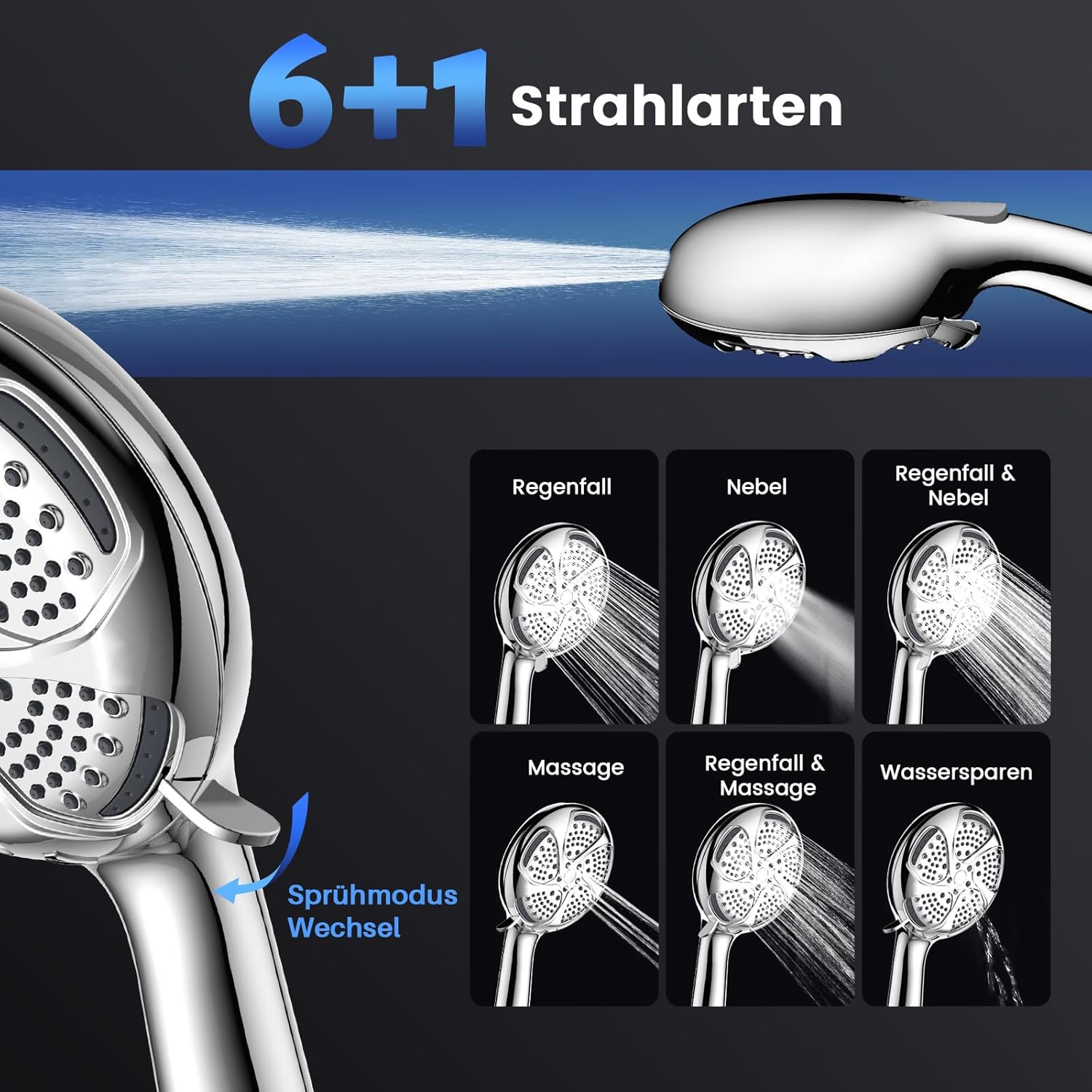 FEELSO 7 Strahlarten Wassersparender Duschkopf mit 1,5 M Schlauch