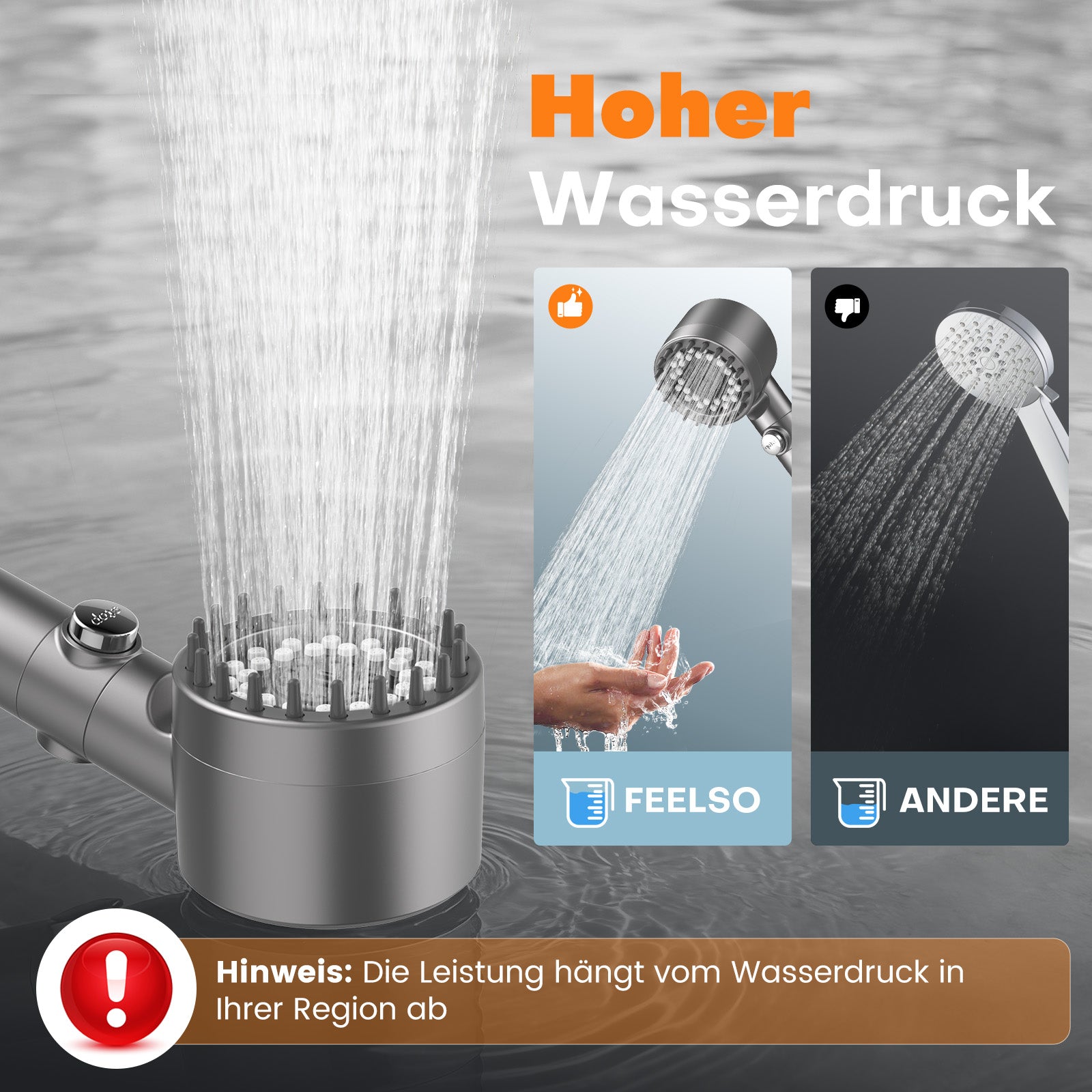 FEELSO Duschkopf mit 15-Schichte Filter, 4 Strahlarten Hochdruck Wassersparender Duschbrause mit stoppfunktion, Handbrause mit Anti-Verstopfungsdüsen für Entfernen vom Rest-Chlor, harten Wasser