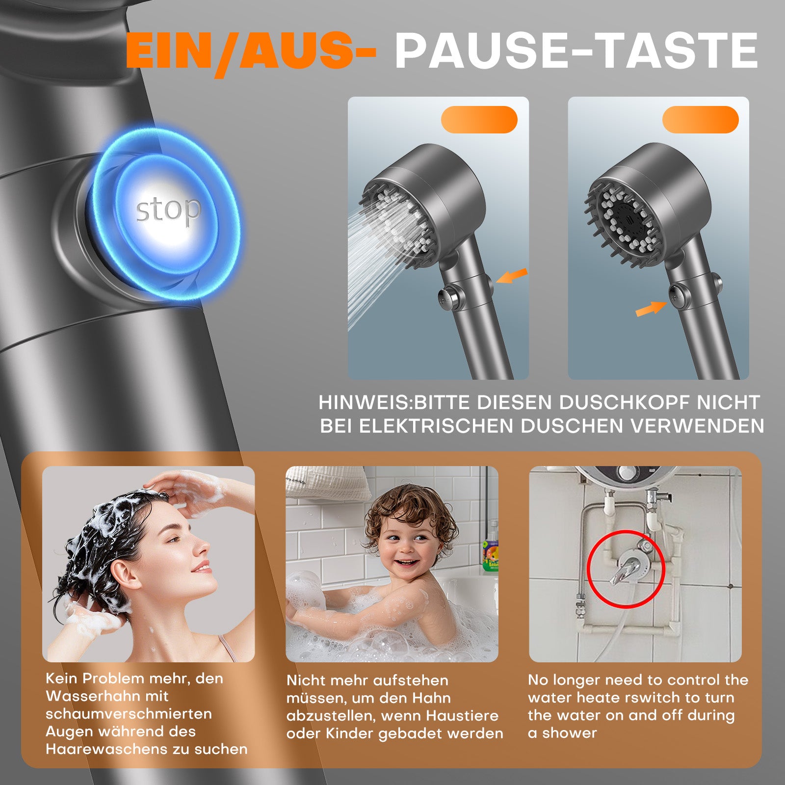 FEELSO Duschkopf mit 15-Schichte Filter, 4 Strahlarten Hochdruck Wassersparender Duschbrause mit stoppfunktion, Handbrause mit Anti-Verstopfungsdüsen für Entfernen vom Rest-Chlor, harten Wasser