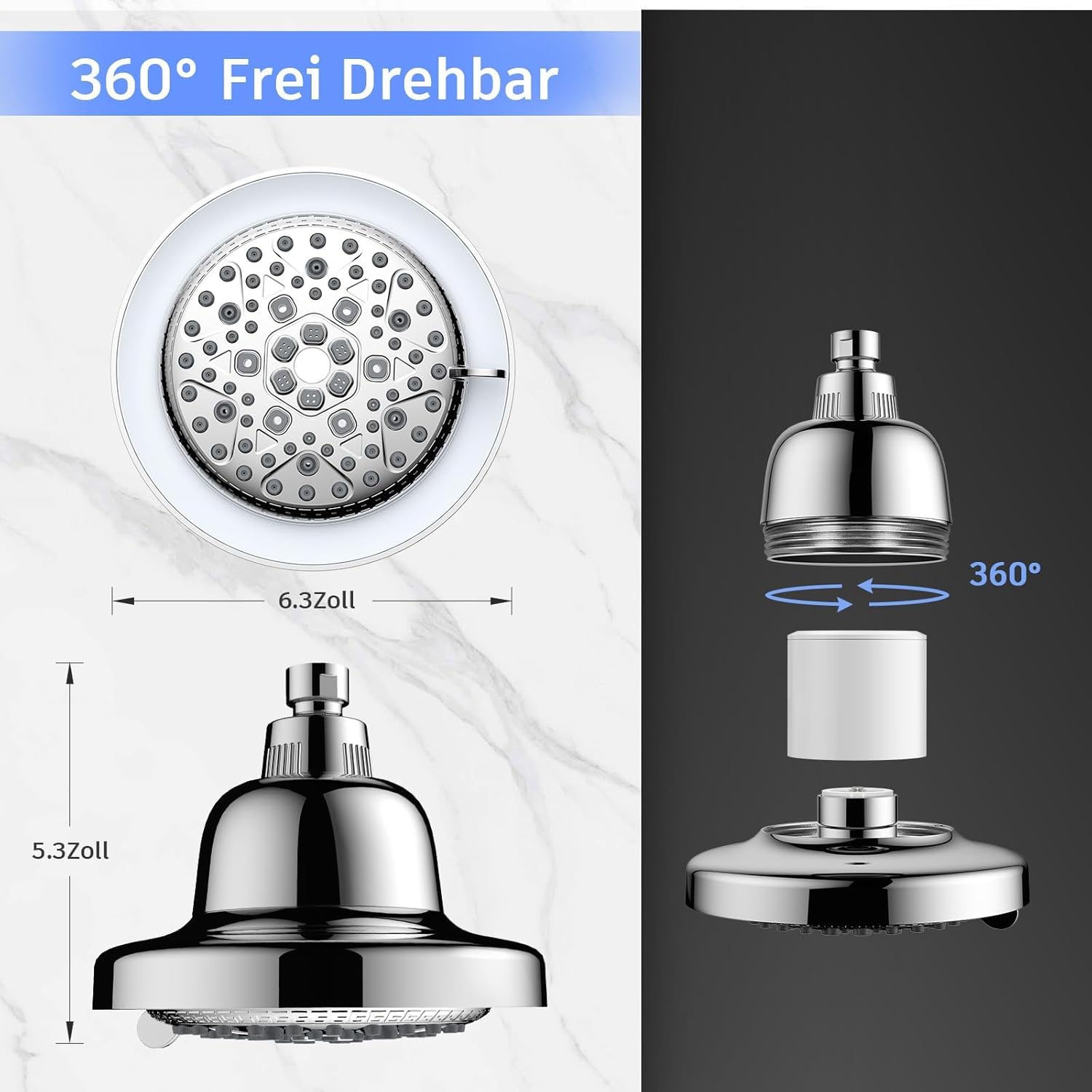FEELSO LED Duschkopf Regendusche 6,3 Zoll
