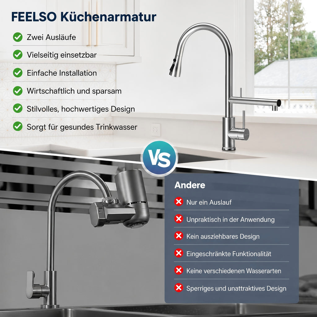 FEELSO Wasserhahn Küche Ausziehbar, 360°Drehbare Küchenarmatur mit Filter, Hochdruck Spültischarmatur mit 2 Strahlarten aus Edelstahl