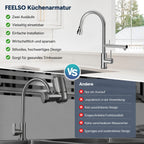 FEELSO Wasserhahn Küche Ausziehbar, 360°Drehbare Küchenarmatur mit Filter, Hochdruck Spültischarmatur mit 2 Strahlarten aus Edelstahl