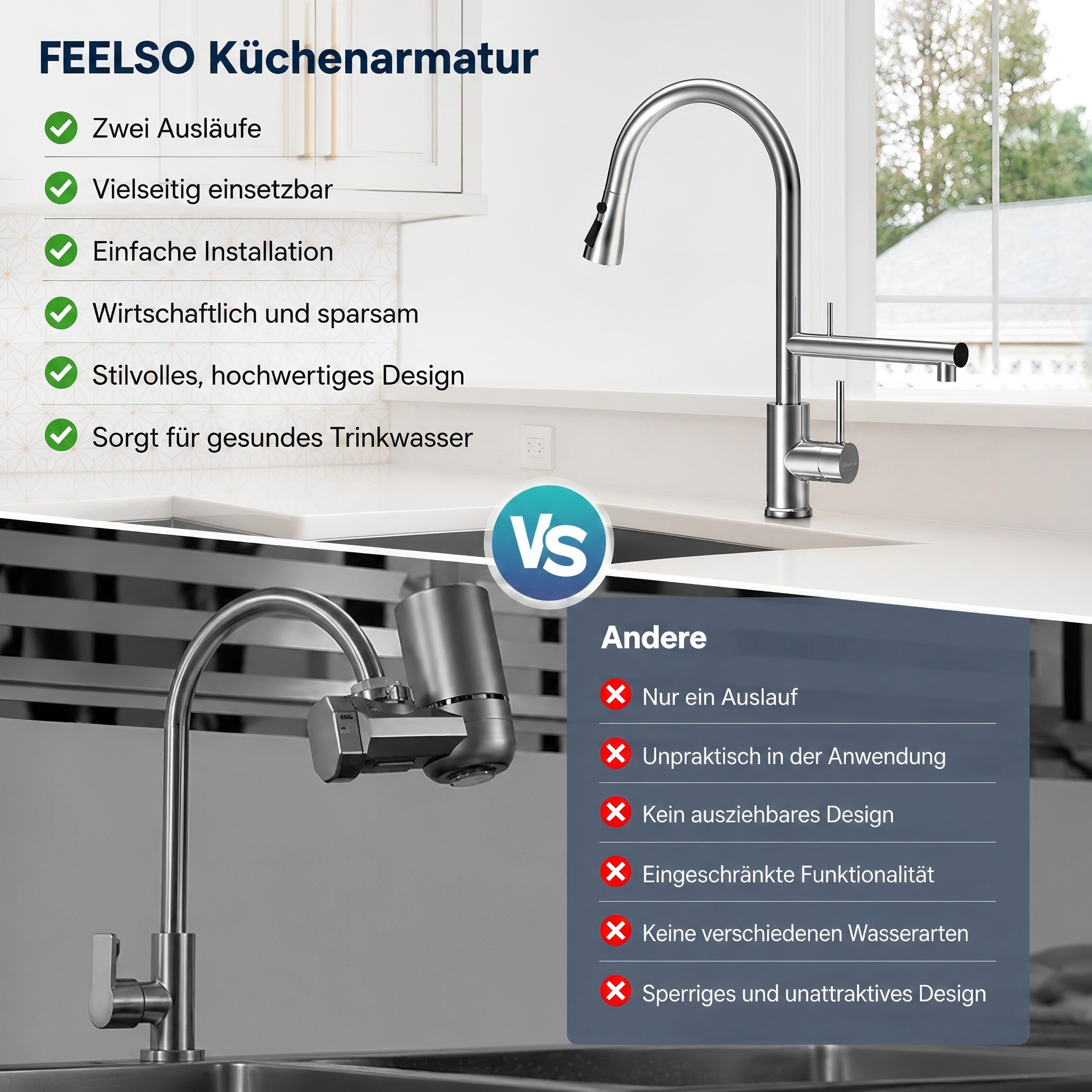 FEELSO Wasserhahn Küche Ausziehbar, 360°Drehbare Küchenarmatur mit Filter, Hochdruck Spültischarmatur mit 2 Strahlarten aus Edelstahl