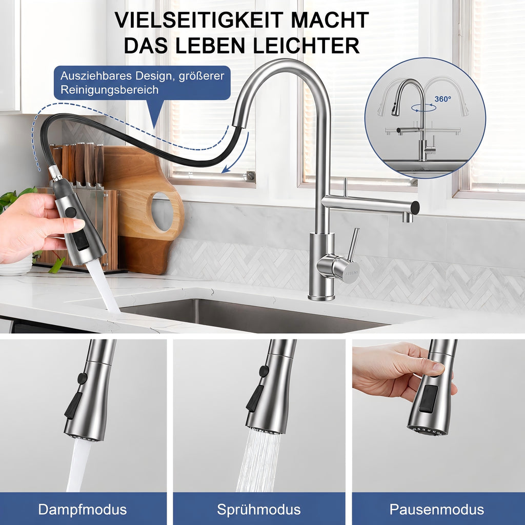 FEELSO Wasserhahn Küche Ausziehbar, 360°Drehbare Küchenarmatur mit Filter, Hochdruck Spültischarmatur mit 2 Strahlarten aus Edelstahl