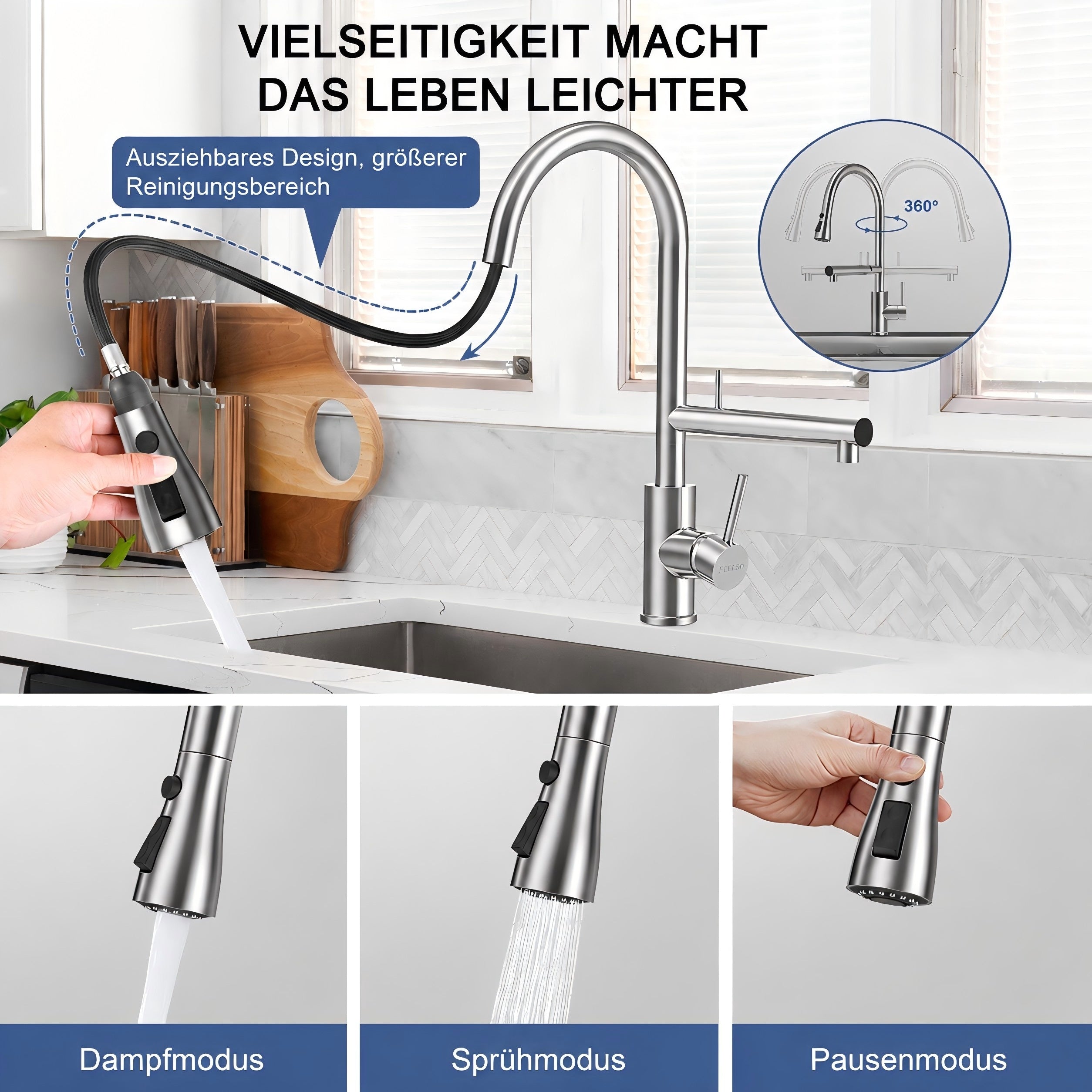 FEELSO Wasserhahn Küche Ausziehbar, 360°Drehbare Küchenarmatur mit Filter, Hochdruck Spültischarmatur mit 2 Strahlarten aus Edelstahl