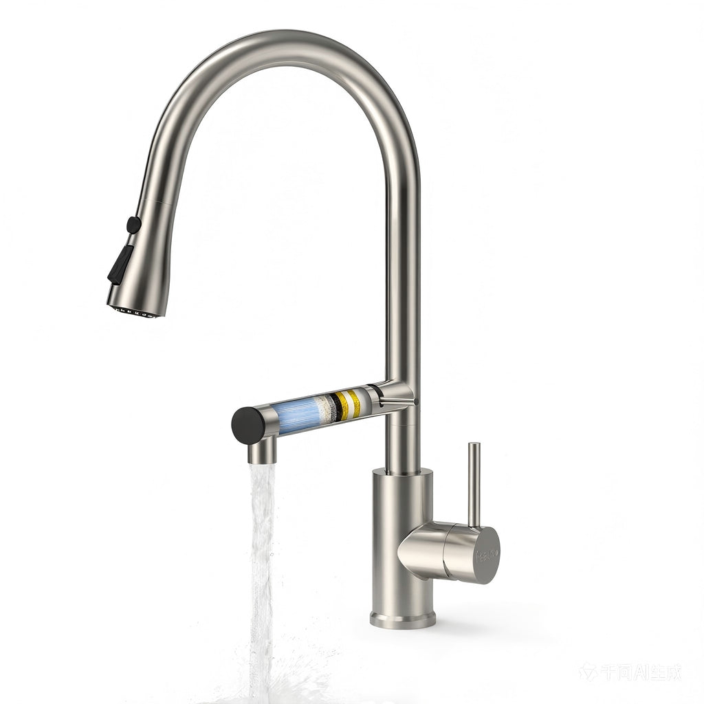 FEELSO Wasserhahn Küche Ausziehbar, 360°Drehbare Küchenarmatur mit Filter, Hochdruck Spültischarmatur mit 2 Strahlarten aus Edelstahl